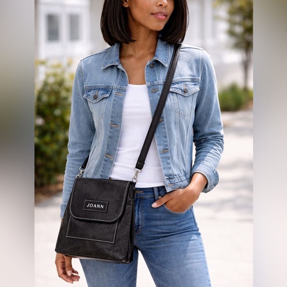 Black 100% Genuine Leather Crossbody Bag Personalized “Joann” Adjustable Strap